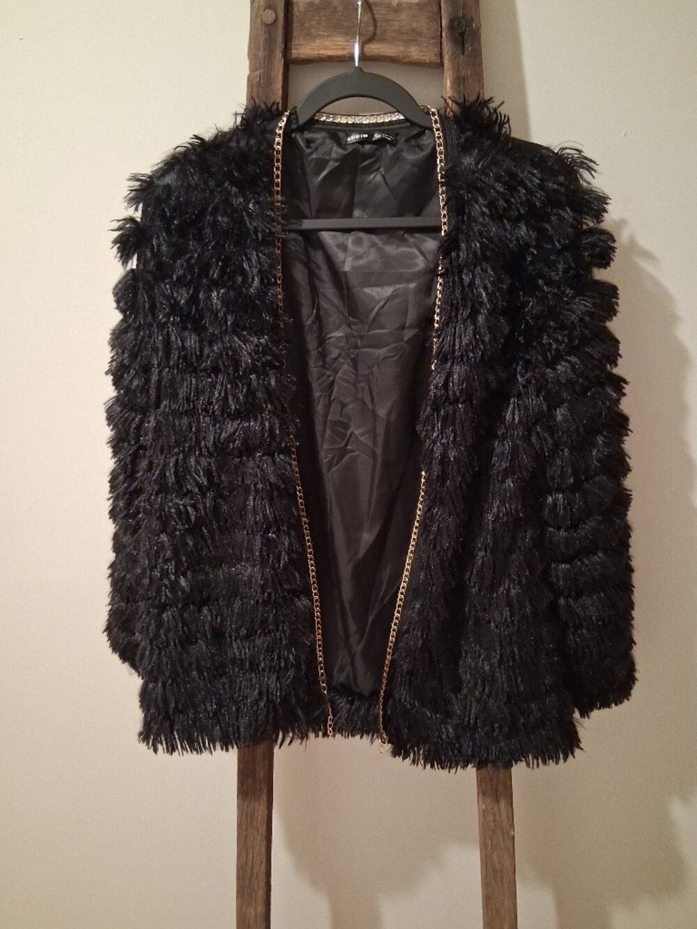 Shein Black Shaggy Faux Fur Size Med Layered Cardigan Jacket - Gold Chain Trim